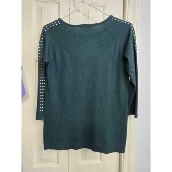 Calvin Klein Green Sweater With Studded Sleeves Rayon Blend 3/4 Sleeves Womens S - Picture 2 of 4